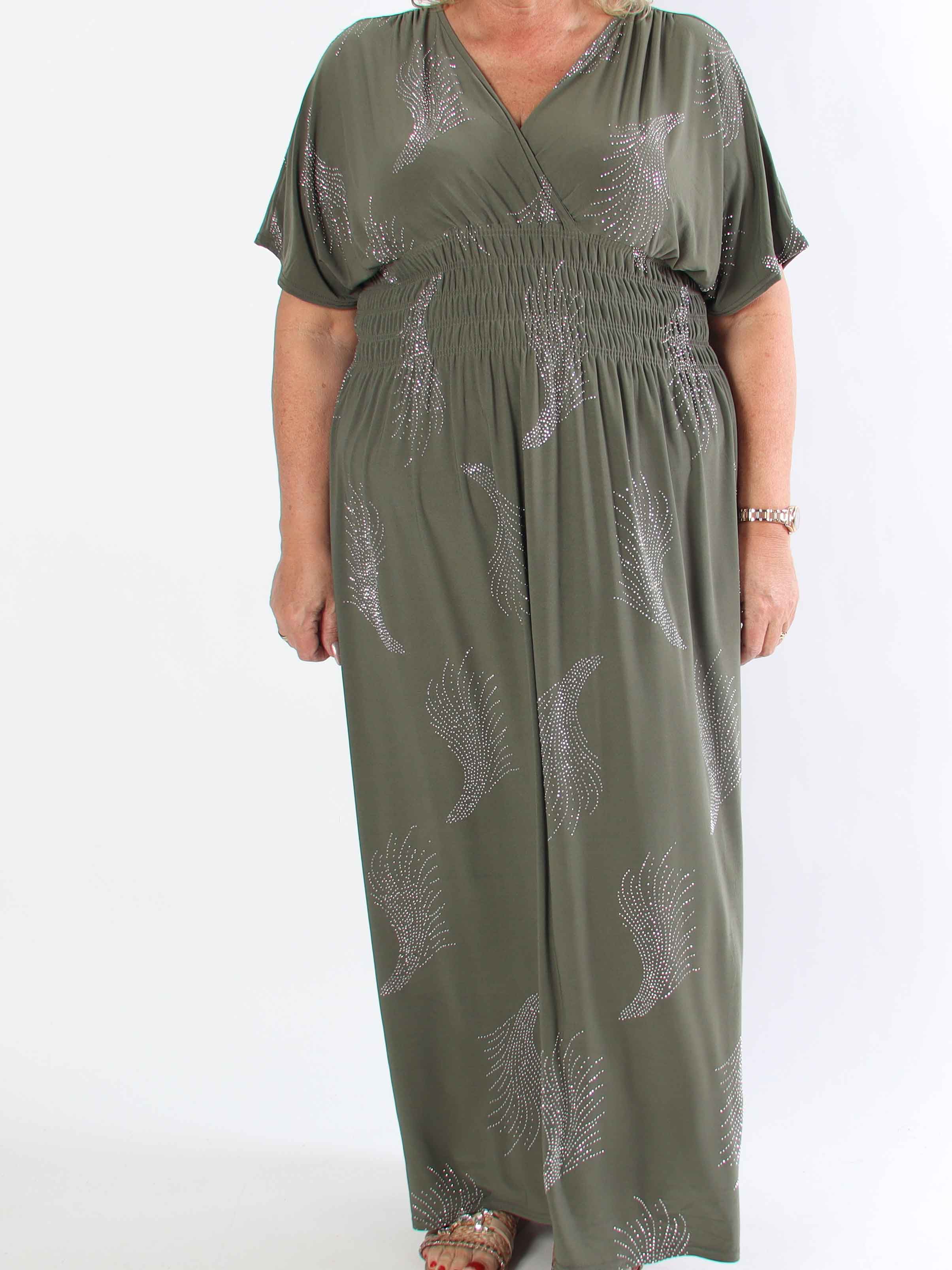 Pams Leaf Crystal - Lang elastisk plus size kjole med mønster af similisten